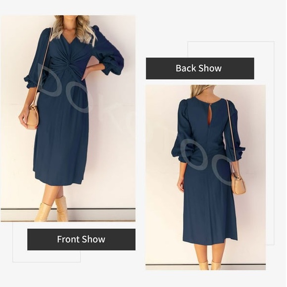 Size 8 Women's V Neck Midi Dress Casual Ruffled Long Sleeve Back Keyhol - Picture 3 of 6